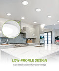 Three Inch LED Recessed Light Canless Wafer Round Slim Panel, Dimmable Ultra Thin Ceiling Fixture With J Box, Five Color Temperatures installed in modern kitchen