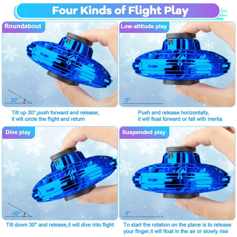 Dope LED Spinner Kids Drone Toy With 2026 Upgrade Hand Operated Fidget Flying Spinner showing four flight modes in navy plastic