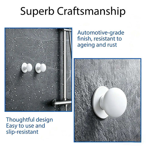 Six White Adhesive Cabinet Knobs Set No Drill Peel And Stick Cabinet Hardware on wet bathroom wall