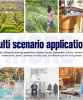 Collage of scenarios using 1HP 750W Heavy Duty Submersible Sump Pump With 3 In 1 Clean Dirty Water Modes, Float Switch
