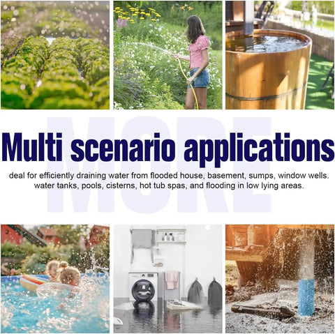 Collage of scenarios using 1HP 750W Heavy Duty Submersible Sump Pump With 3 In 1 Clean Dirty Water Modes, Float Switch