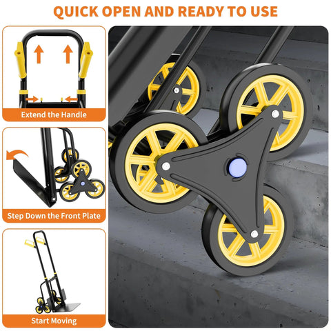 Heavy Duty Stair Climbing Hand Truck With 440 Lbs Capacity Featuring Six Swivel Wheels Telescopic Handle in use on stairs.