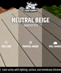 Heavy Duty Polyurethane Deck Coating In Smooth Neutral Beige With Hella Durable Waterproof Seal For Wood And Concrete on a deck in full sun, partial shade, and full shade.