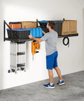 2x4 Ft Wall Mount Garage Storage Shelves 2 Pack Black Heavy Duty Steel Rack 330 Lb Per Shelf 660 Lb Total Load Triangular Brace Design For Stable Wall Organization Of Bins Tools Gear, man arranging bins