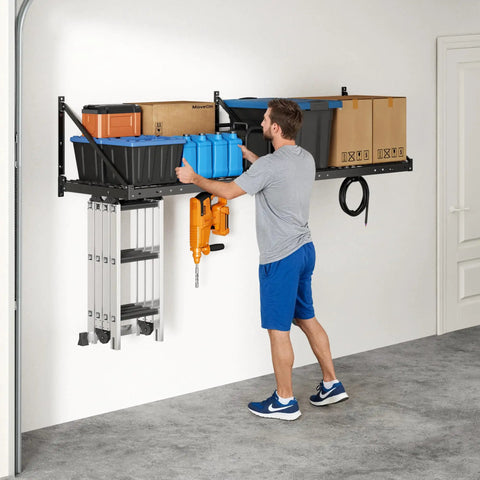 2x4 Ft Wall Mount Garage Storage Shelves 2 Pack Black Heavy Duty Steel Rack 330 Lb Per Shelf 660 Lb Total Load Triangular Brace Design For Stable Wall Organization Of Bins Tools Gear, man arranging bins