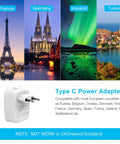Go-To 6 In 1 Europe Travel Plug Adapter displayed with images of France, Germany, Iceland, and Turkey, showcasing compatibility.