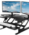 43 Inch Corner Electric Height Adjustable Desk Riser For Dual Monitors, Sit To Stand Tabletop Converter With USB Port setup