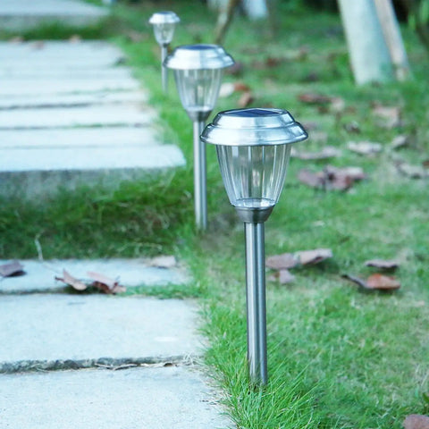 Eight Pack Solar LED Outdoor Lights Stainless Steel Pathway And Landscape Lighting For Path Patio Yard Deck Driveway And Garden Silver Finish With SunPower Panel For Bright Efficient Illumination