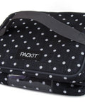 Portable Freezable Breastmilk Cooler And Formula Storage Bag With Built In Ice Packs Keep Nursing Bottles Chilled On The Fly For Busy Moms Polka Dot Print, closed view with strap.