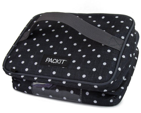 Portable Freezable Breastmilk Cooler And Formula Storage Bag With Built In Ice Packs Keep Nursing Bottles Chilled On The Fly For Busy Moms Polka Dot Print, closed view with strap.