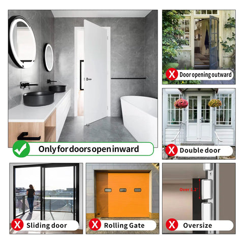 Diagram showing door types suitable and not suitable for Premium Portable Door Lock 2 Pack Pink For Extra Privacy And Home Security