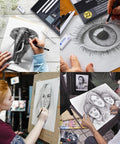 Artists using 22 Piece Sketching Pencil Set for drawing elephants, eyes, portraits with graphite, charcoal, blending tools, and erasers.