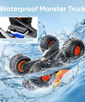 Waterproof Monster Truck Toy 1 To 16 Scale Amphibious Remote Control Car in water, showcasing 4WD wheels and waterproof chassis.