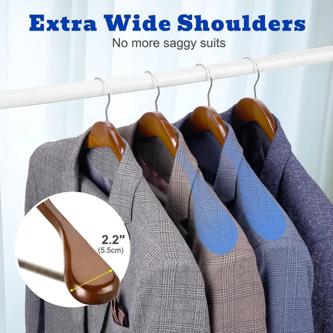Beefy Extra Wide Solid Wood Hangers With Non Slip Bar And 360 Degree Swivel Hook For Suits, Jackets, And Pants, Heavy Duty Coat Hangers In Walnut Finish, Set Of 6 holding jackets