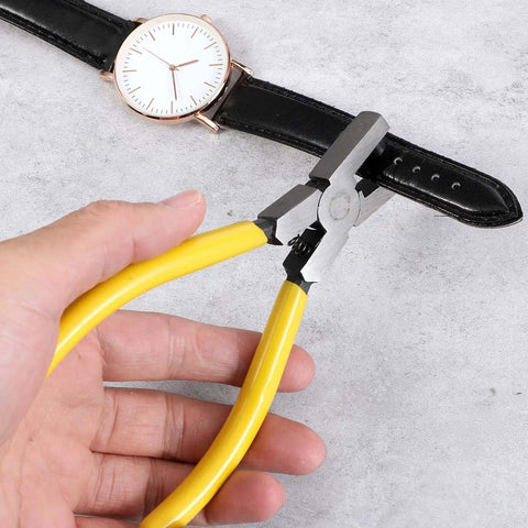 Leather Hole Punch Tool Plier For Belts Watch Bands Shoes And Leather Crafts One Hand Operation in use on a black leather watch band