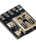 Close-up of Mini USB Breakout Board Female Connector 5 Pins 0.1 Inch Pitch 150 Mils PCB Converter Board With Straight Pin Headers