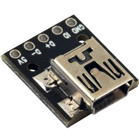 Close-up of Mini USB Breakout Board Female Connector 5 Pins 0.1 Inch Pitch 150 Mils PCB Converter Board With Straight Pin Headers