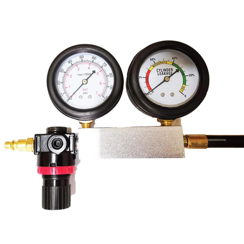 Engine cylinder leak tester with dual gauges, regulator, and hose