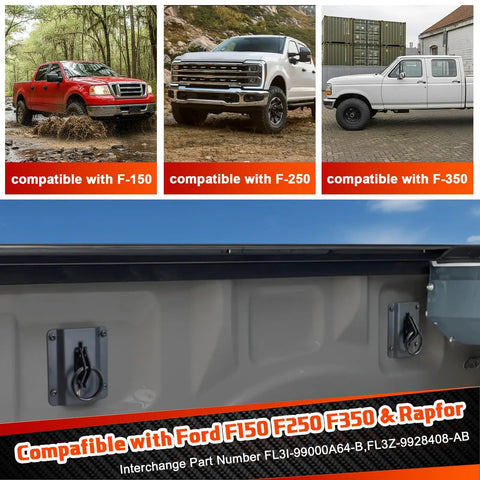 4 Piece Rig Ready Truck Bed Tie Down Anchors With E Port Bracket Plates And E Track O Rings Compatible With 2015 To 2024 Ford F150 F250 F350 showing F-150, F-250, and F-350 trucks.
