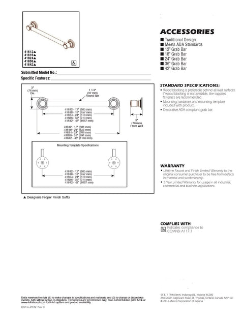 Diagram of specs for 12 Inch Chrome Grab Bar For Bathroom Safety, Heavy Duty Shower And Toilet Rail, ADA Compliant, 450 Lb Capacity.