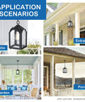 Waterproof Outdoor Pendant Light With Adjustable Chain In Black Finish shown on patio, entrance, garden, and porch