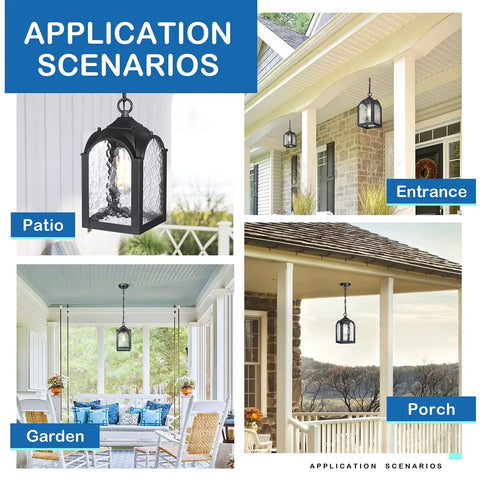 Waterproof Outdoor Pendant Light With Adjustable Chain In Black Finish shown on patio, entrance, garden, and porch