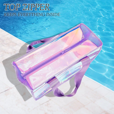 Iridescent Clear Jelly Tote Beach Bag For Women Waterproof And Sandproof See Through Pool Bag With Zipper Ideal Cruise Essentials