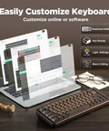 Built Different 65 Percent Wireless Mechanical Keyboard Featuring Solid Walnut Wood Shell And Hot Swap Switches For Sick Desk Setups And Smooth Gaming Sessions With Dope Rgb Lighting on a desk with customization software screenshots.