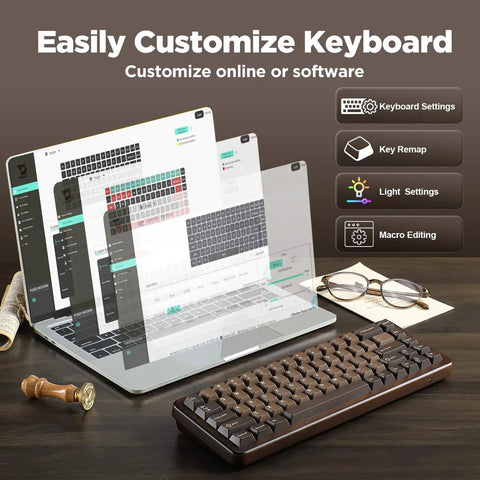 Built Different 65 Percent Wireless Mechanical Keyboard Featuring Solid Walnut Wood Shell And Hot Swap Switches For Sick Desk Setups And Smooth Gaming Sessions With Dope Rgb Lighting on a desk with customization software screenshots.