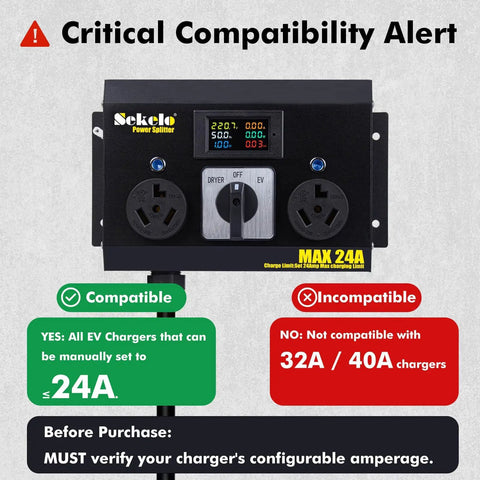 No Sweat Manual EV Charging Switch with gauge and toggle, aluminum housing for dual device power control, max 24 amps.