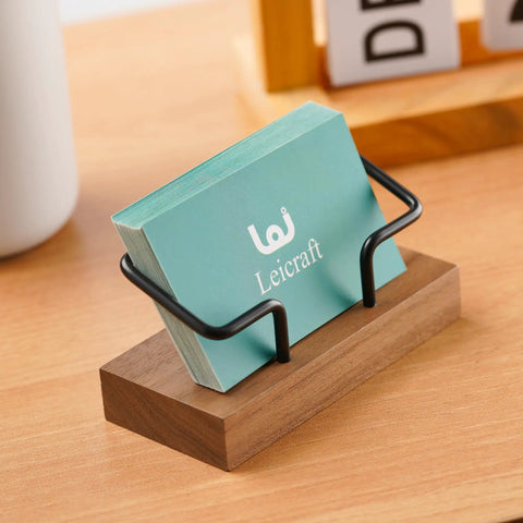 Desk Ready Pro Grade Card Holder For Desk Organization, Walnut Black Finish, holds teal cards, wood and metal build