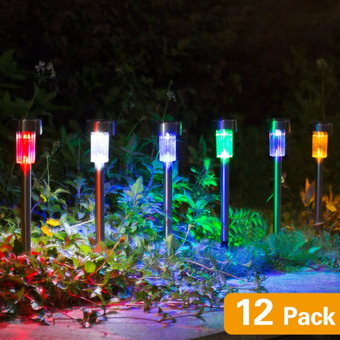 Solar Pathway Lights Outdoor Kit Stainless Steel Garden Landscape Lighting 12 Pack In 6 Color Options glowing in garden