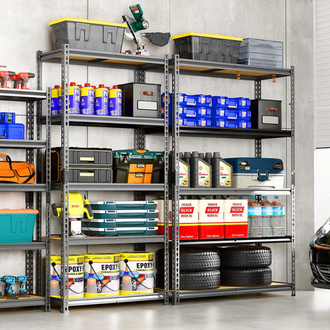 Tough As Nails 5-Tier Metal Shelving Unit Heavy Duty Storage Rack with tools and supplies organized on multiple shelves.