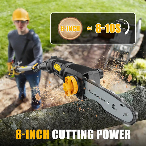 Cordless Pole Saw With 20V Max Battery Compatibility, 14.8 Ft Reach Electric Pole Saw in use on tree branch