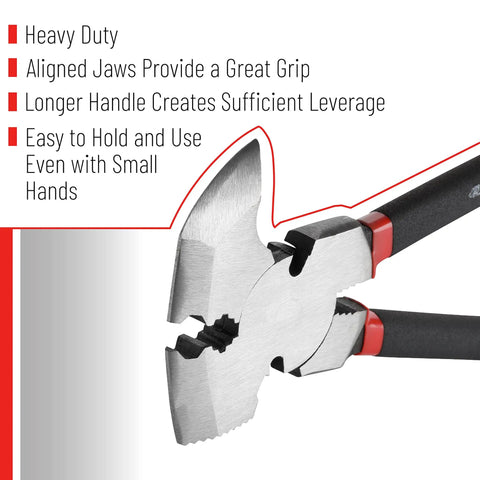Heavy Duty Fence Pliers Set With Nail Puller, Staple Puller And Cutting Pliers For Construction And Carpentry, 10 Inch Steel Alloy Multi Tool in close-up detail showing jaw alignment and handle design.