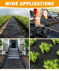 Collage showing Weed Barrier Landscape Fabric 4 Foot By 100 Foot Woven Ground Cover used in gardening and landscaping applications.