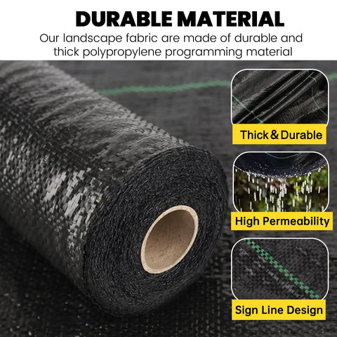 Heavy Duty Weed Barrier Ground Cover Fabric 6.5 Ft By 32 Ft Woven Landscape Weed Control Mat showing polypropylene material and features.