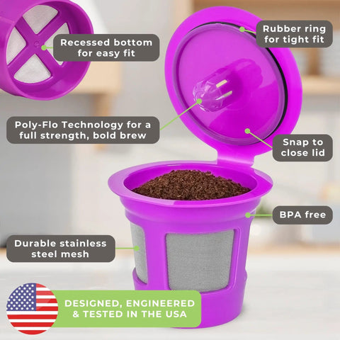 Purple Budget Friendly Reusable K Cup Pod Coffee Filters with Built In Mesh Strainer for Keurig and Other Single Cup Coffee Makers