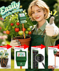 Woman using 2 Pack Soil Moisture Meter For Gardening And Indoor Outdoor Plants No Battery Required Hygrometer Sensor Easy To Use Plant Water Gauge For Lawn Flowers Veggies And Houseplants Real Time Soil Moisture Readout with tomato plant