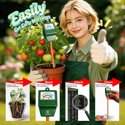 Woman using 2 Pack Soil Moisture Meter For Gardening And Indoor Outdoor Plants No Battery Required Hygrometer Sensor Easy To Use Plant Water Gauge For Lawn Flowers Veggies And Houseplants Real Time Soil Moisture Readout with tomato plant