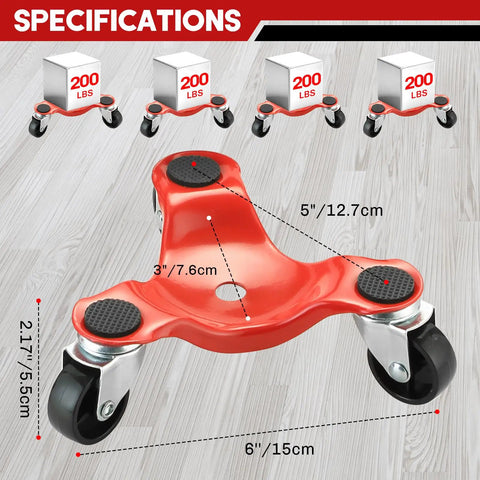 4 Pack Steel Tri-Dollies Set With 220 Lb Load Capacity, 3 Wheel Furniture Movers in red, 6 Inch Wheels
