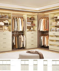 Heavy Duty Wooden Closet System With Twelve Drawers Four Hanging Rods And Two Tall Towers For Maximum Garment Shoe And Bag Storage in a stylish setup.