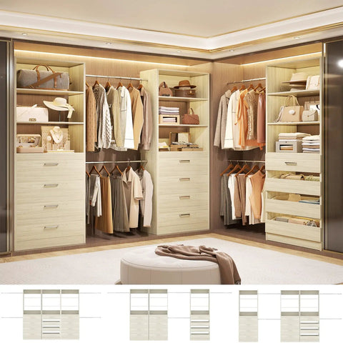 Heavy Duty Wooden Closet System With Twelve Drawers Four Hanging Rods And Two Tall Towers For Maximum Garment Shoe And Bag Storage in a stylish setup.