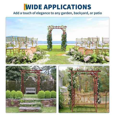 7 Foot Wooden Arbor Trellis With Flat Top For Climbing Plants Garden Decor Outdoor Ready To Assemble Cedar Frame Moisture Resistant Yard Or Patio Backyard Vibe in garden setting with chairs and greenery.