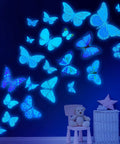 Luminous Butterfly Wall Stickers Set With 58 Pcs Phosphorescent Colorful Wall Art for Kids Room glowing on dark blue wall
