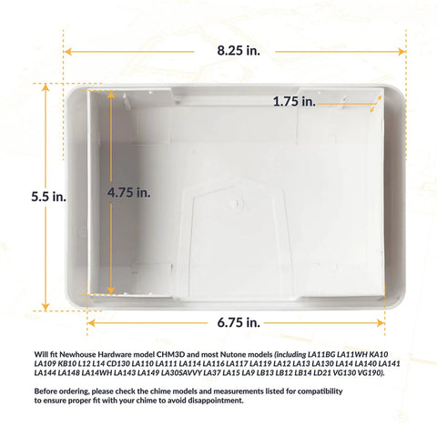 Door Chime Cover Only For Nutone Models White Fits CHM3D And Most Nutone Doorbell Units Upgrade Your Curb Appeal And Protects Your Chime From Dust And Damage, displaying dimensions in inches.