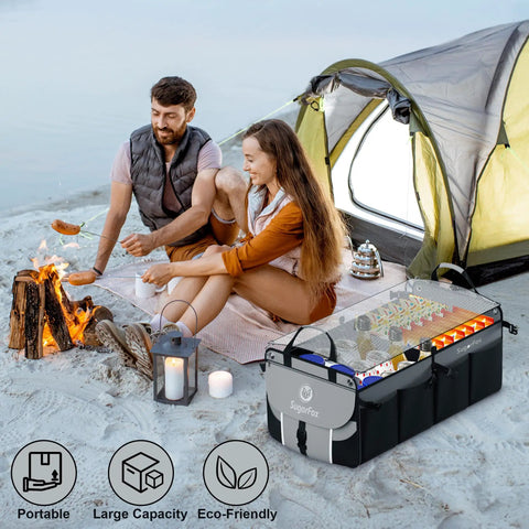 Heavy Duty Car Trunk Organizer For SUV With 63L 26L Modular Storage Foldable Waterproof Non Slip Multi Compartment Soft And Hard Covers Black M006 For Daily Use And Road Trips beside a tent at a campsite.