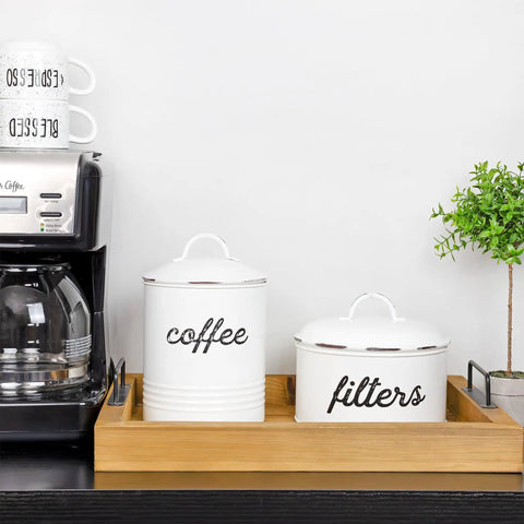 Basket Style White Enamel Coffee Filter Holder, The Go To Rustic Farmhouse Distressed Look, Shabby Chic Kitchen Organizer For Paper Filters on tray
