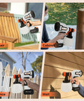 Heavy Duty Cordless Paint Sprayer Kit For Smooth Cabinet Refinishing And Quick Wall Projects Featuring A Long Lasting Battery in use on chair, cabinet, fence, and wall.
