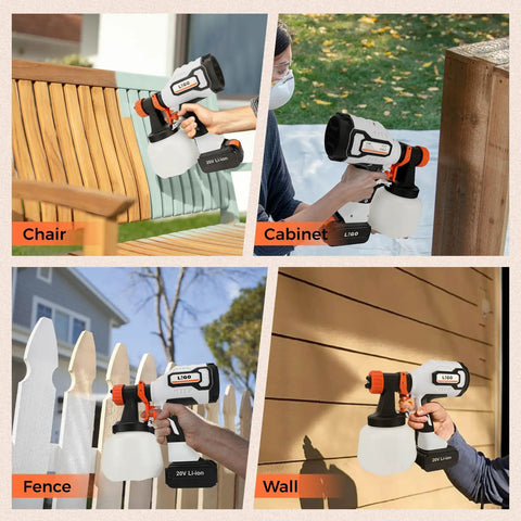Heavy Duty Cordless Paint Sprayer Kit For Smooth Cabinet Refinishing And Quick Wall Projects Featuring A Long Lasting Battery in use on chair, cabinet, fence, and wall.